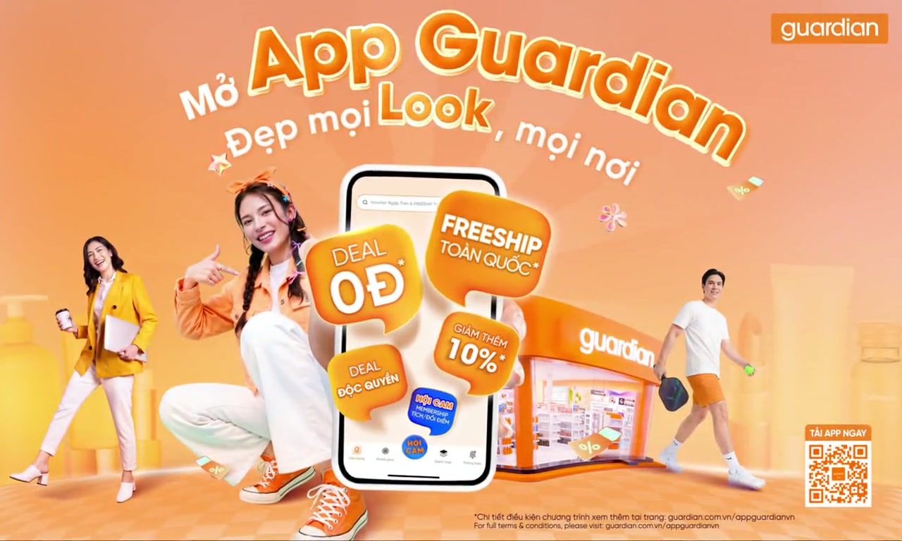 Guardian app campaign with layered phones, products and orange motion graphics