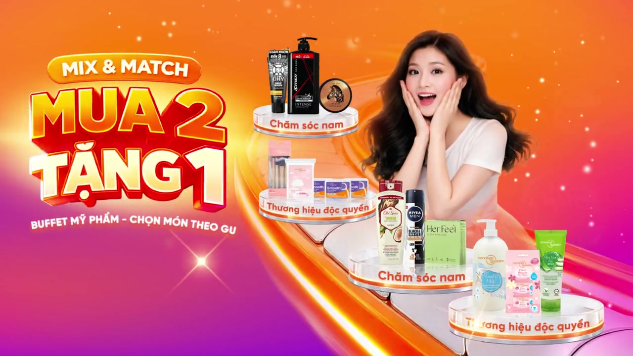 Mencare promotion with presenter, product lineup and orange motion trails