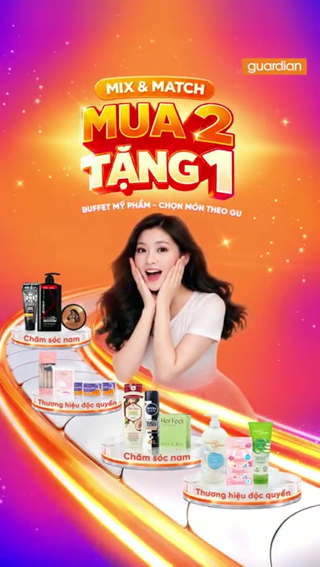 Vertical Mencare social ad with presenter, products and orange motion trails