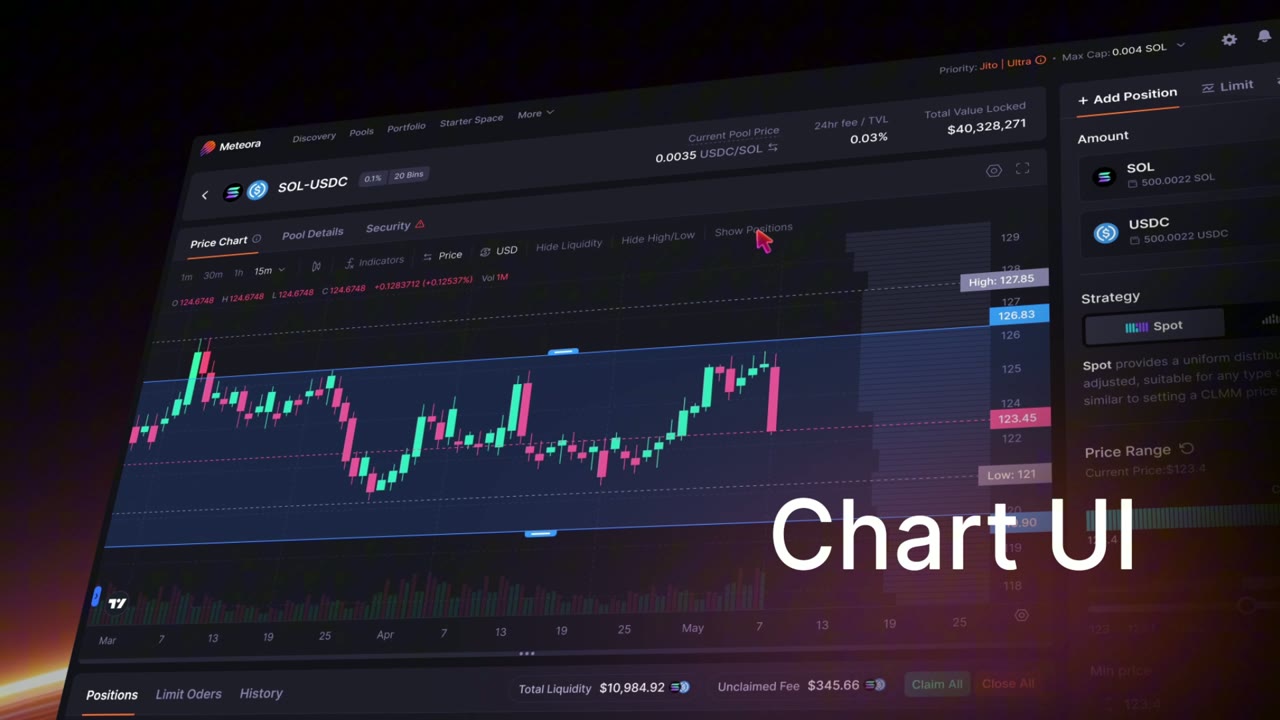 Meteora limit-order product interface with price chart and position controls